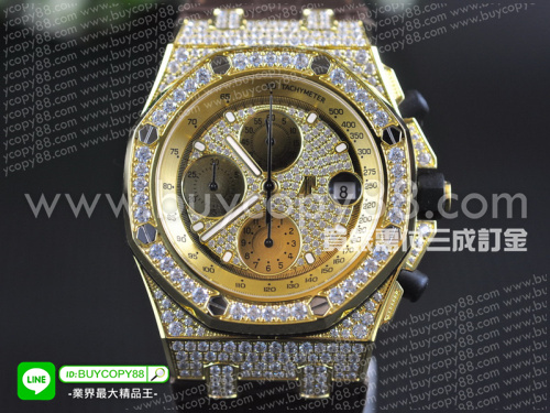 愛彼【J廠出品-男性用】皇家橡樹離岸型系列18K黃金電鍍錶殼和表圈並且鑲嵌滿水鑽A-7750自動計時機芯