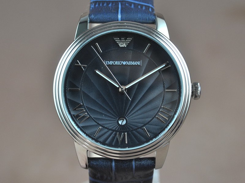 Armani【男性用】42mm 不銹鋼錶殼藍色面盤真皮皮帶石英機芯