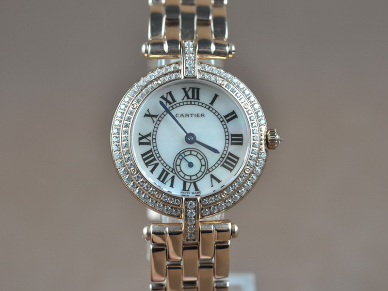 卡地亞【女性用】18K玫瑰金錶殼鑲嵌滿水鑽玫瑰金錶帶Swiss石英機芯