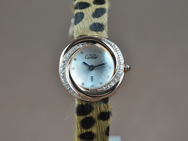 卡地亞【女性用】Mut de Cartier 18K玫瑰金錶殼鑲嵌水鑽豹紋皮草錶帶