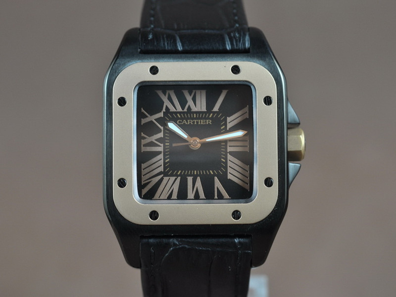 卡地亞【女性用】Santos山度士系列3​​3mm 黑色PVD錶殼真皮皮帶Swiss石英機芯