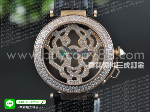 卡地亞【男性用】Pasha系列玫瑰金錶殼鑲嵌水鑽豹子麵盤瑞士石英機芯