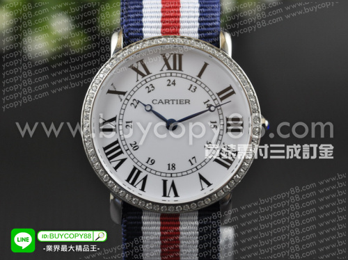 卡地亞【男性用】Rotonde系列精鋼拋光錶殼40.5mm+鑲嵌鑽錶圈尼龍編織的錶帶瑞士石英機芯
