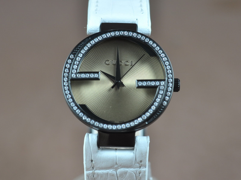 古馳【女性用36mm】Interlocking系列不銹鋼錶殼鑲嵌水鑽瑞士RONDA石英機芯