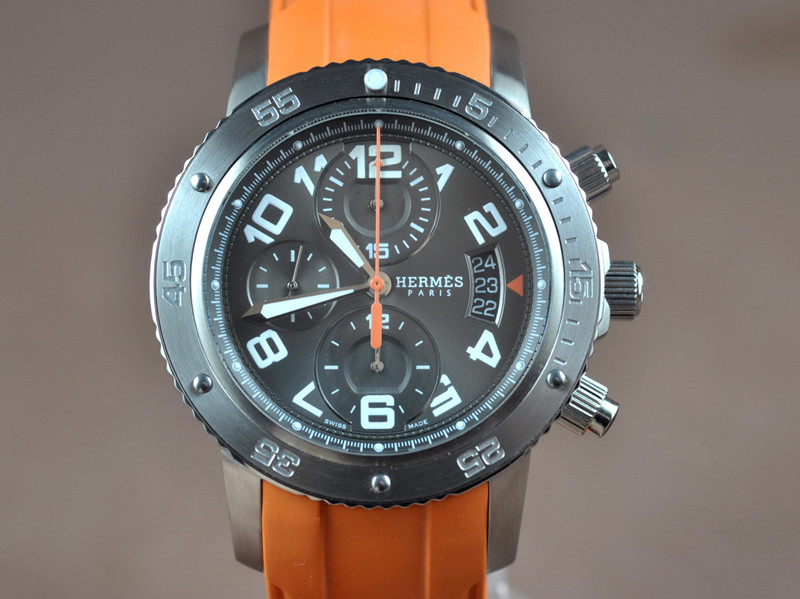愛馬仕【男性用】Clipper系列不銹鋼錶殼深灰色太陽紋面盤7750計時機芯