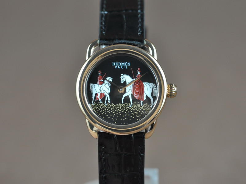 愛馬仕【女性用】Arceau系列(28mm) 玫瑰金錶殼Hermes彩繪面盤瑞士石英機芯