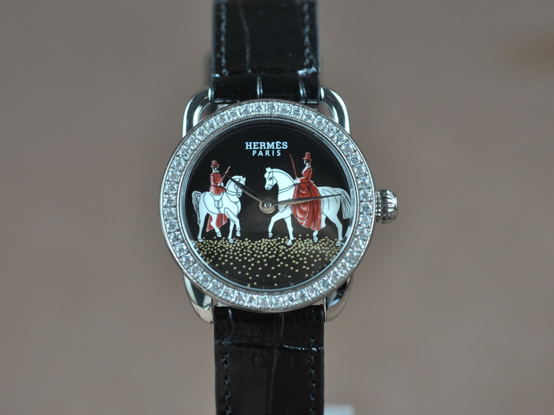 愛馬仕【女性用】Arceau系列(28mm) 不銹鋼錶殼表圈鑲嵌水鑽Hermes彩繪面盤瑞士石英機芯