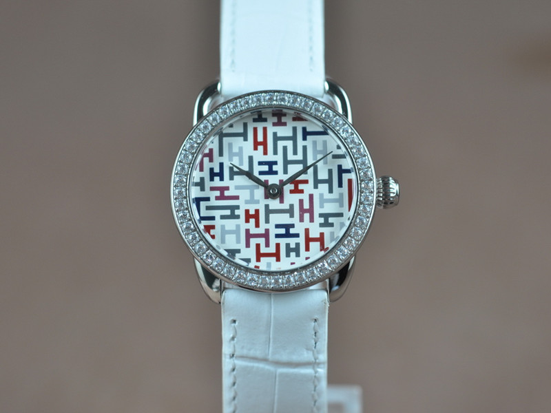 愛馬仕【女性用】Arceau系列(28mm) 不銹鋼錶殼表圈鑲嵌水鑽彩色H字面盤瑞士石英機芯