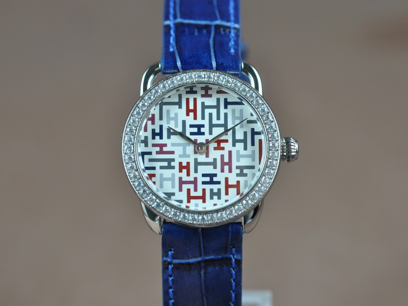 愛馬仕【女性用】Arceau系列(28mm) 不銹鋼錶殼表圈鑲嵌水鑽彩色H字面盤瑞士石英機芯
