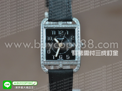 愛馬仕【女性用】Cope cod系列不銹鋼錶殼鑲嵌鑽錶圈黑色面盤瑞士石英機芯