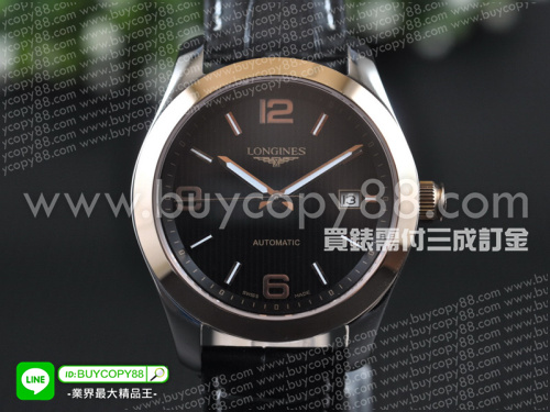 浪琴【男性用】Conquest Classic康卡斯經典系列不銹鋼拋光錶殼真皮錶帶明珠自動機芯