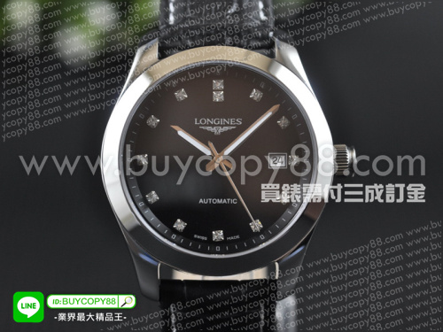 浪琴【男性用】Conquest Classic康卡斯經典系列不銹鋼拋光錶殼真皮錶帶明珠自動機芯