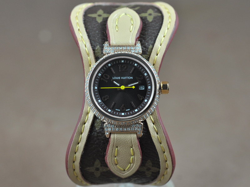路易威登【女性用】Tambour經典系列18K玫瑰金錶殼鑲嵌滿天然水鑽帆布錶帶石英機芯