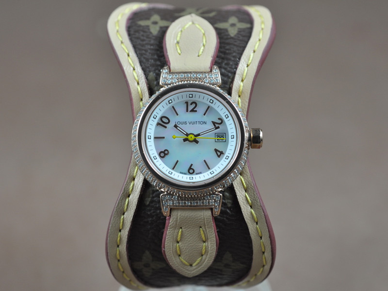 路易威登【女性用】Tambour經典系列18K玫瑰金錶殼鑲嵌滿天然水鑽帆布錶帶石英機芯