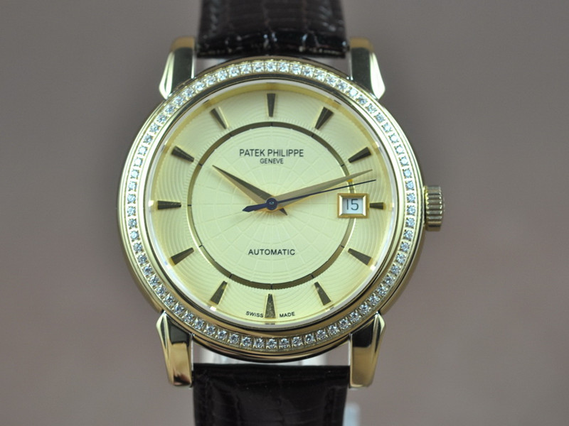 百達翡麗【男性用】Calastrava系列18K黃金錶殼鑲嵌水鑽真皮皮帶2824自動機芯
