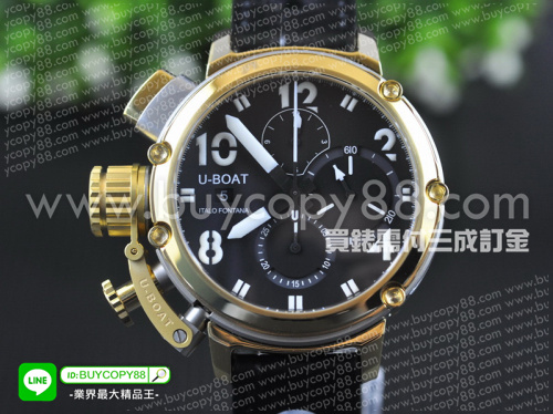 U-BOAT【男性用】Chimera Sideview系列腕錶不銹鋼錶殼+黃金表圈黑色雙層面盤7750計時碼表機芯