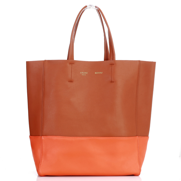 CELINE Cabas小羊皮革直式購物袋(咖啡配橘色)