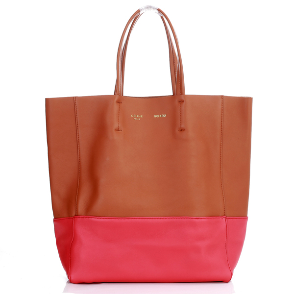 CELINE Cabas小羊皮革直式購物袋(橘配粉紅色)