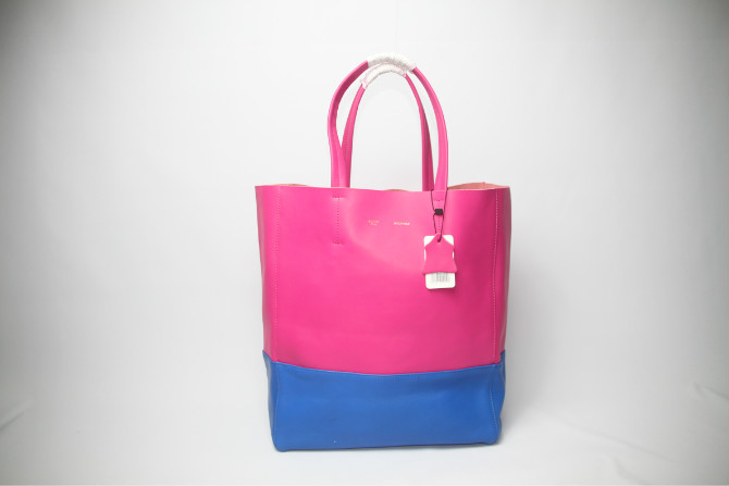 CELINE Cabas小羊皮革直式購物袋(粉配藍色)
