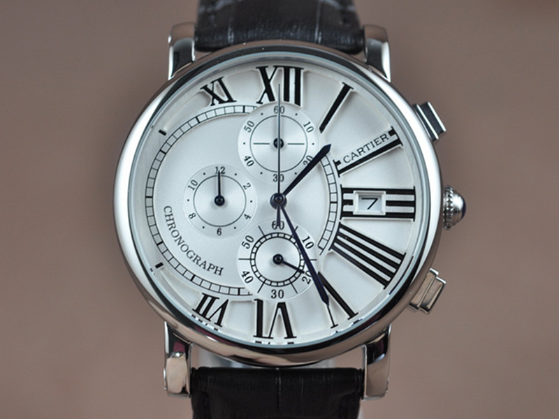 卡地亞【男性用】Rotonde系列不銹鋼錶殼白色立體雕刻面磐石英計時機芯